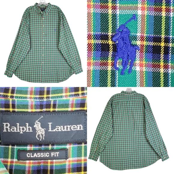 Polo Ralph Lauren Shirt Oxford Button Down LS Mens Big Tall 2XLT Green Plaid - Picture 1 of 10